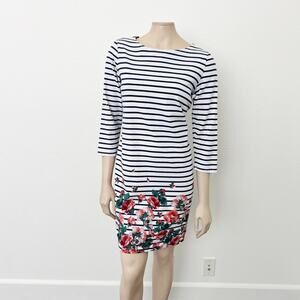 [Joules] Navy White Striped Floral Print Riviera Shift Dress 3/4 Sleeves US 10